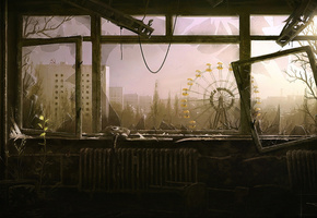 Припять, вечер, окно, украина, карусель