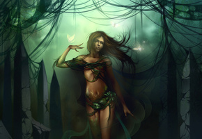 растения, чешуя, листья, бабочки, Дриада, девушка