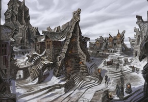 снег, The elder scrolls v, зима, город, concept art, skyrim, виндхельм