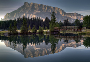 Гора, отражение, мост, лес, река