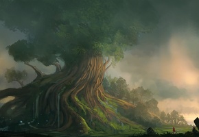 Арт, дерево, девушка, blinck, гигантское, пейзаж, рыжая