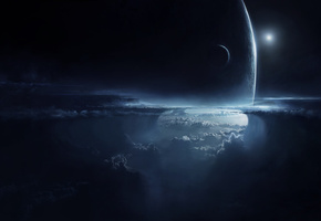 планета, спутник, атмосфера, небо, облака, ночь, Арт