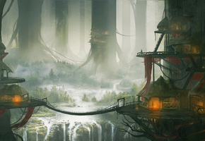 дома, гигантские, пейзаж, деревья, Арт, мост, kingcloud