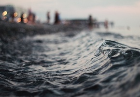 вечер, горизонт, боке, волны, Макро, огни, вода