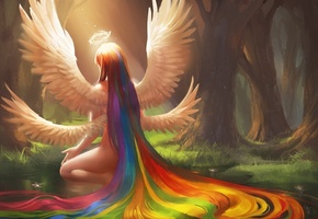 радуга, девушка, нимб, волосы, крылья, ангел, Арт, sakimichan