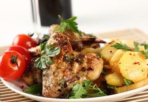 курица, зелень, помидоры, еда, Картошка