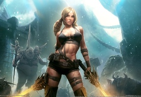 moon, аюми, castle, game wallpapers, girl, Blades of time, night, ayumi, monsters, swords