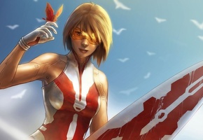 доска, серфинг, костюм, небо, очки, бабочка, Девушка