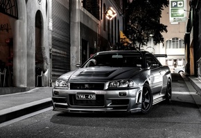 wallpapers, Car, night, skyline, japan, beautiful, nissan, automobile, grey, bnr34, desktop, street