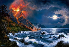 вулкан, извержение вулкана, арт, Jesse barnes, море, пейзаж