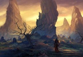 деревья, закат, скалы, девушка, пейзаж, vennom07, фонарь, Арт