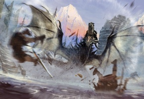 дракон, Skyrim, летит, башня