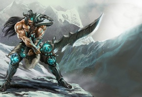 воин, League of legends, мужчина, оружие, меч, снег, tryndamere, горы