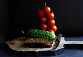 еда, Хлеб, нож, помидоры, огурец