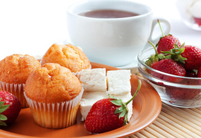 чай, чашка, тарелка, Блюдце, клубника, напиток, ягоды