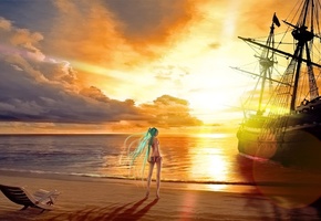 море, Аниме, мика, вокалоид.закат, корабль, лежак, песок