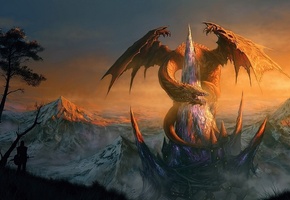 крепость, дома, Арт, randis albion, люди, дракон, замок, скалы