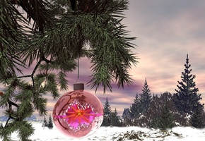 ветка, елка, шар, новогодний, снег, зима