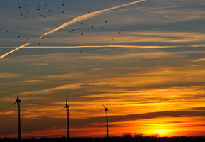 облака, небо, солнце, закат, оранжевый, ветряки, Вечер