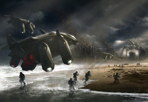 корабль, транспорт, робот, Арт, город, десант