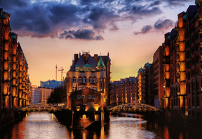 европа, Город, каналы, вечер, дома