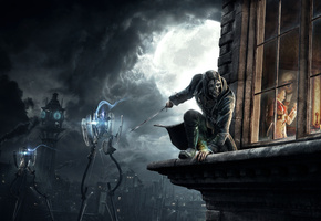 убийца, night, corvo attano, assassin, карниз, Dishonored, ночь, башня, tower