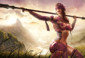 девушка, тату, Арт, трава, тренировка, горы