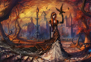 деревья, девушка, листья, Арт, ворон, осень, птицы