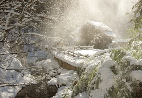 снежинки, волшебство, домик, снег, метель, Зима