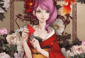 Арт, рыбка, рыба, золотая, цветы, девушка, dong xiao, пионы