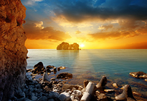 night, вечер, тучи, sunset, sun, sea, море, солнце, скалы, Закат