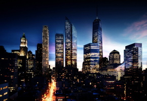 HD, ночь, город, небоскребы, свет