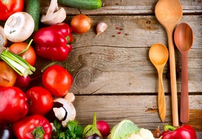 ложки, Овощи, перец, деревянные, грибы, капуста, стол