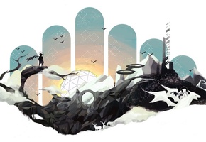 Абстракции, человек, фантастика, дракон, горы