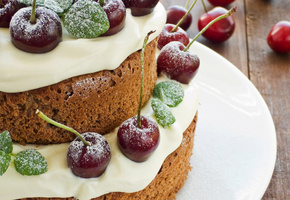 Торт, бисквит, крем, черешни, десерт, сладости, вкусно