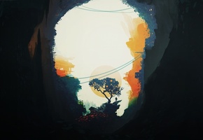 деревья, человек, дом, Пещера