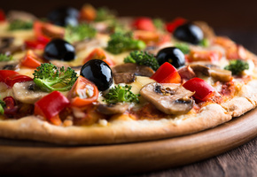 сыр, Пицца, маслины, блюдо, помидоры, петрушка, грибы