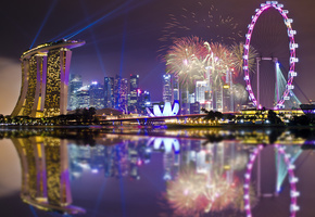 architecture, lights, night, Singapore, skyscrapers, sky, gardens by the bay, holiday, reflection