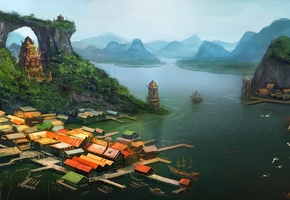 корабль, море, дома, вид, arvalis, храм, Арт, пирс, острова