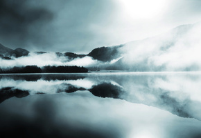 гладь, отражение, холмы, Туман, лес, хвойные, горы, озеро