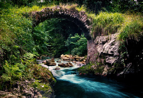 река, ручей, поток, лес, Природа, мостик