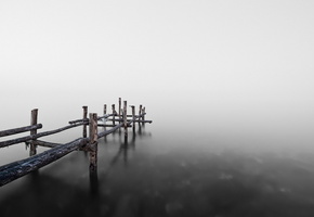 пейзаж, мост, природа, озеро, Утро, туман