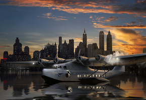 гидросамолет, самолет, фоне, на, Арт, pan american airways system