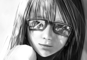 очки, взгляд, плечо, Девушка, улыбка, черно-белое