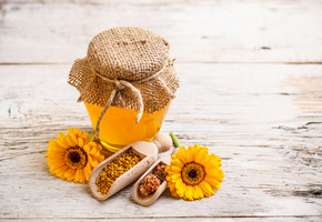 баночка, Мед, цветы, желтые, прополис