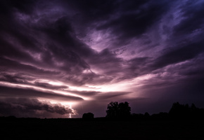 фиолетовое, небо, тучи, молния, гроза, Поле, вечер