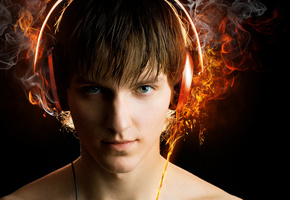 наушники, взгляд, огонь, провода, Flames, парень