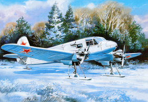 советский, поле, снег, аэродром, Арт, як-6м, зима