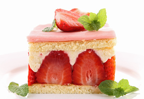 десерт, сладкое, мята, клубника, Пирожное