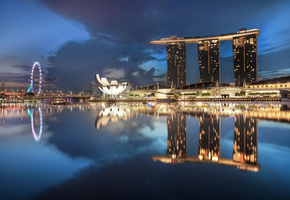 night, skyscrapers, sky, lights, Singapore, gardens by the bay, architecture, clouds, blue